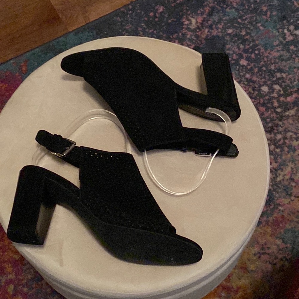Adam Tucker Black Suede Peep Toe Slingback Sandals